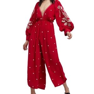 Free People | Red & White Floral Jumpsuit